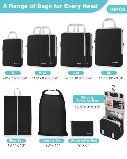 Set of black compression packing cubes 10 pcs with various sizes and types, including a hanging toiletries bag and accessory bag