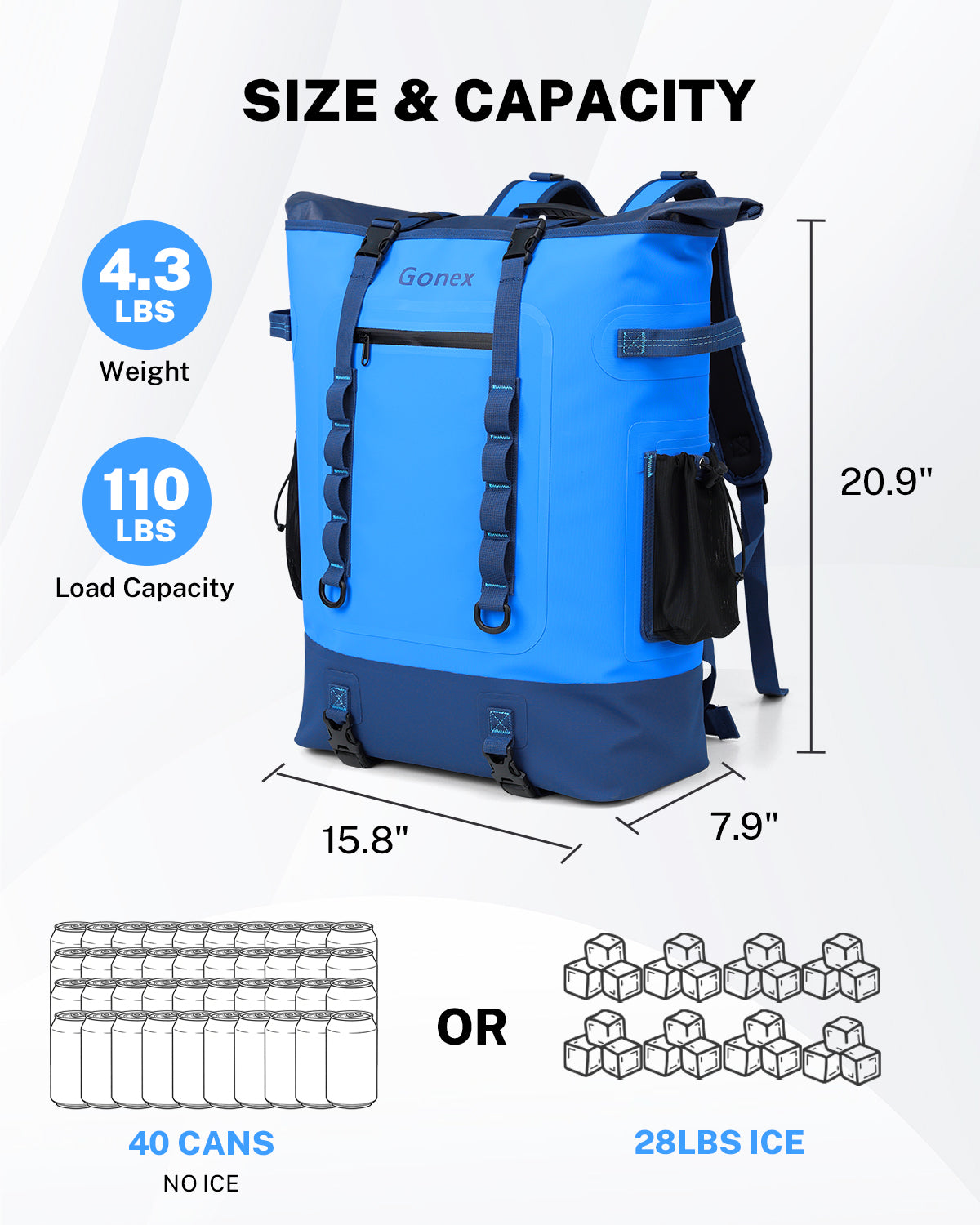Gonex 40 can cooler backpack size and capacity details