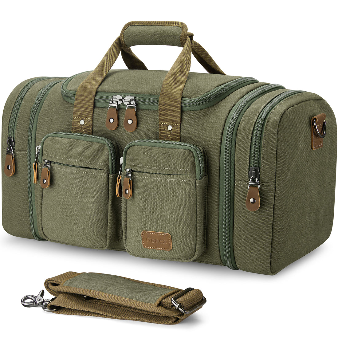 Gonex 60L canvas duffle bag in army green with shoulder strap