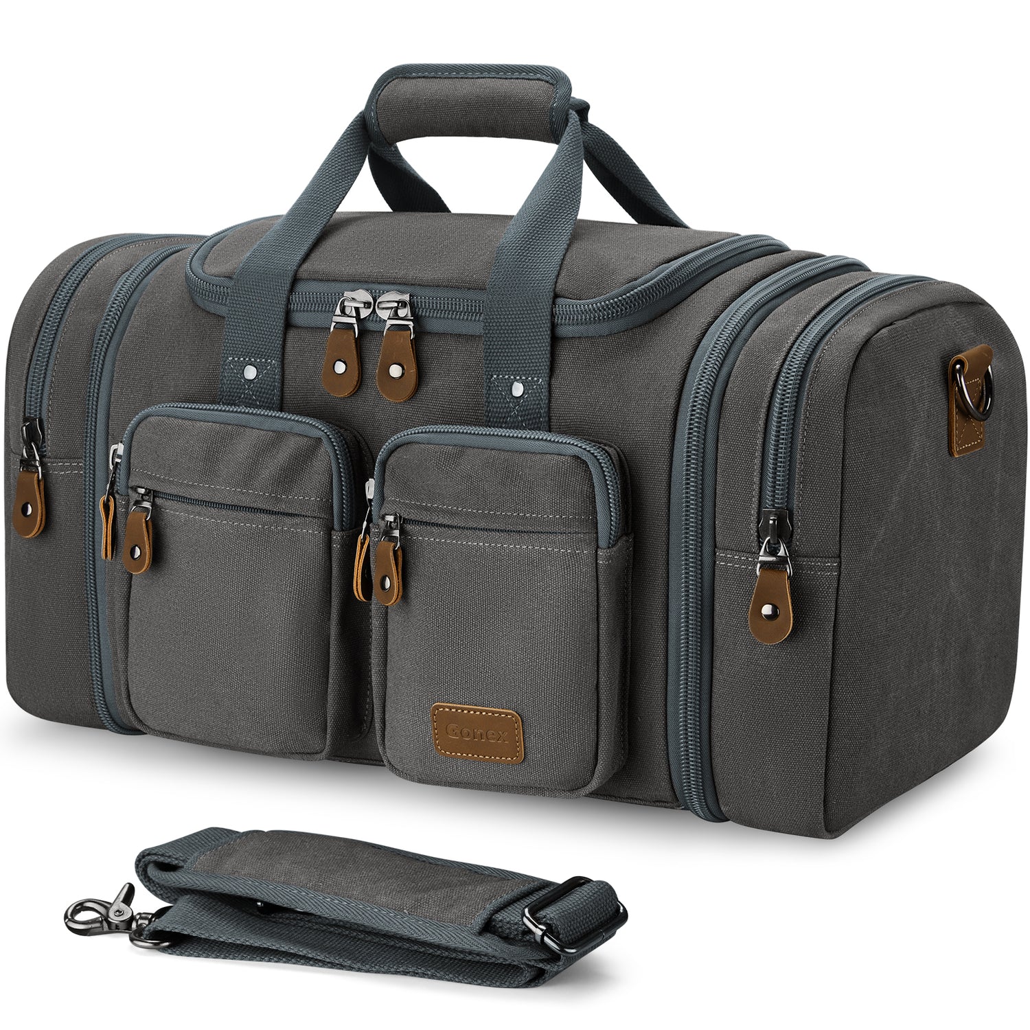 Gonex 60L canvas duffle bag in light grey with shoulder strap