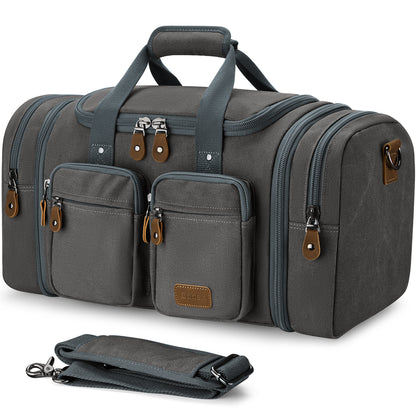 Gonex 60L canvas duffle bag in light grey with shoulder strap