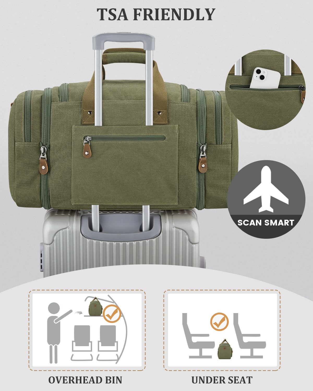 Gonex 60L canvas duffle bag with luggage sleeve for suitcase handle