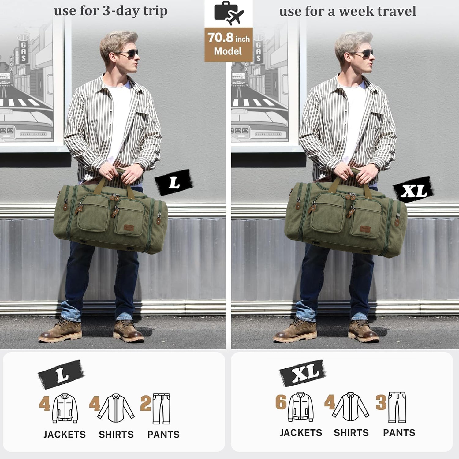 Gonex 60L canvas duffle bag for 3-day trips and week travel