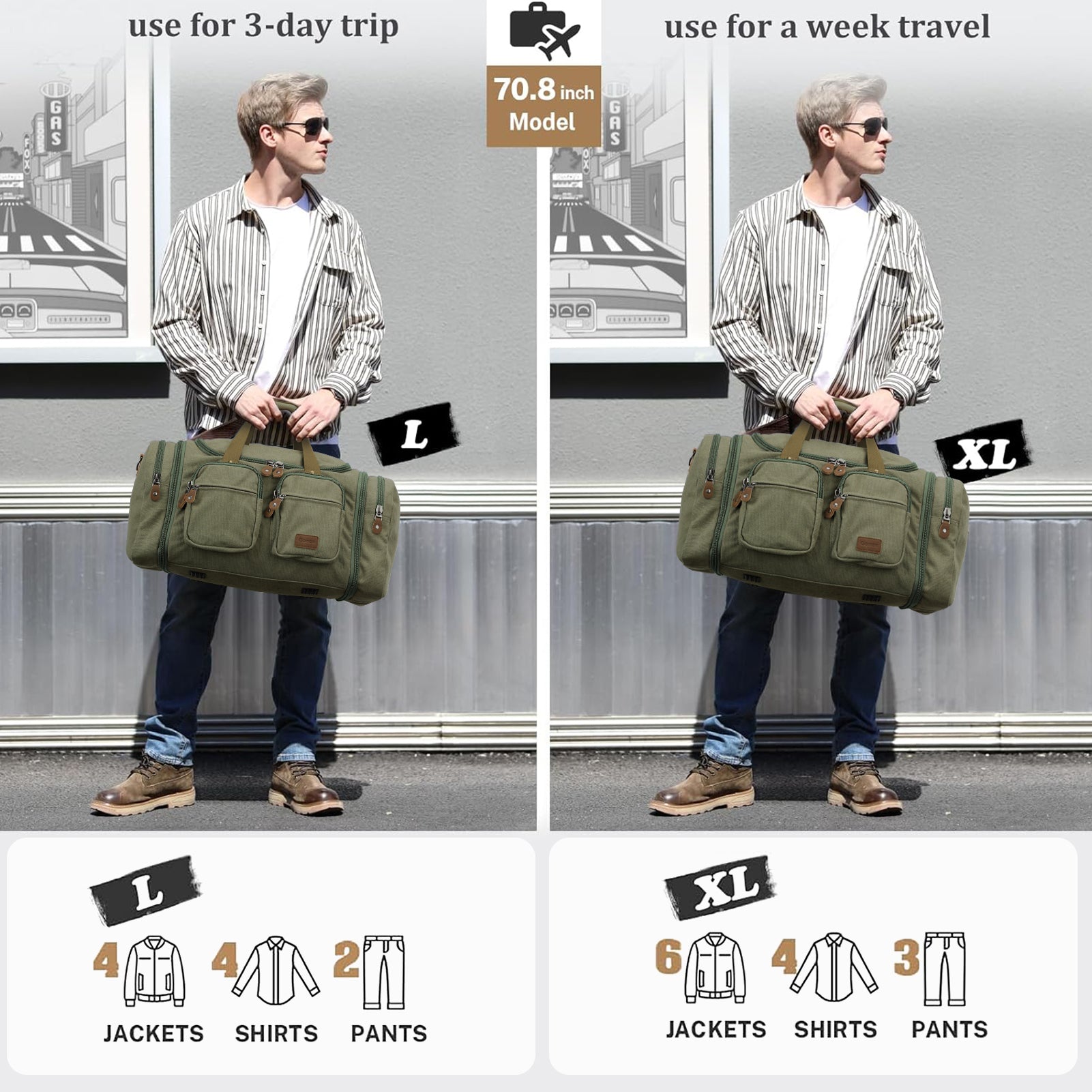 Gonex 60L canvas duffle bag for 3-day trips and week travel