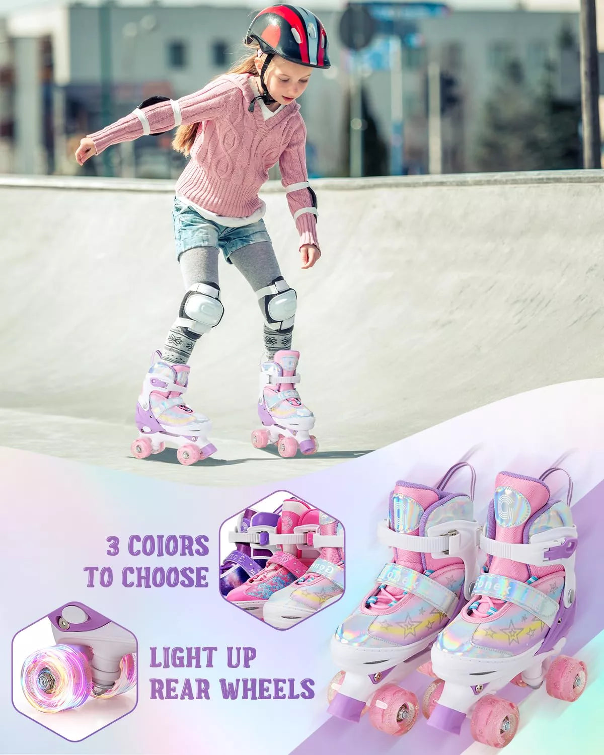 Child roller skating with light-up rear wheels and colorful design, wearing protective gear.