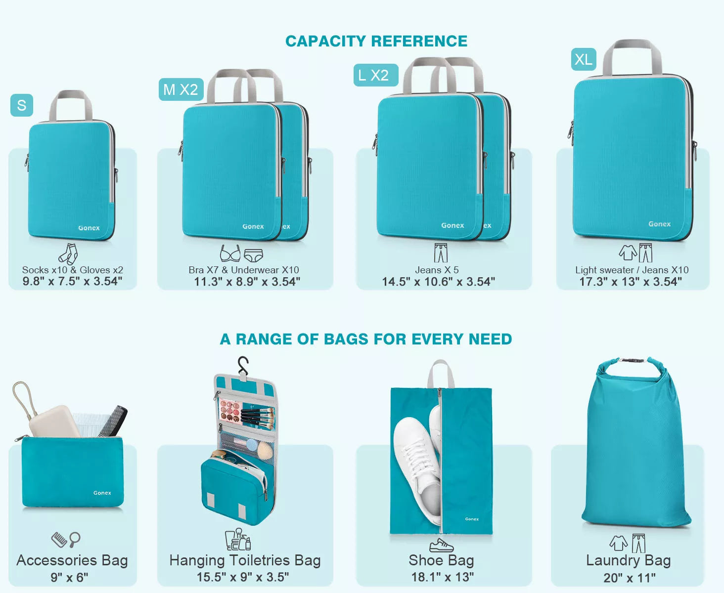 Collection of blue packing cubes with capacity references and various uses