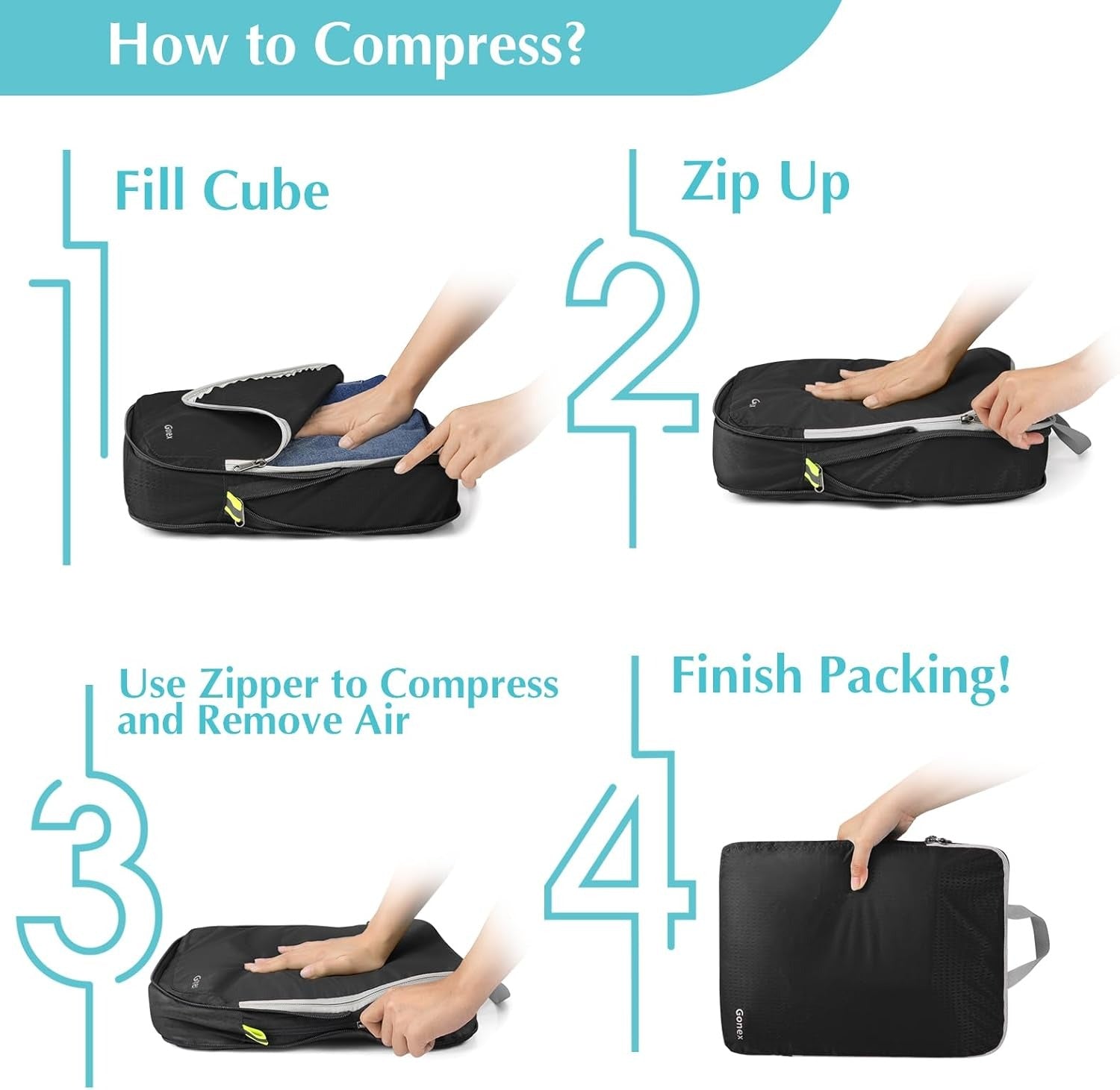 How to use Gonex Compression Packing Cubes by filling, zipping, and compressing clothes to save luggage space