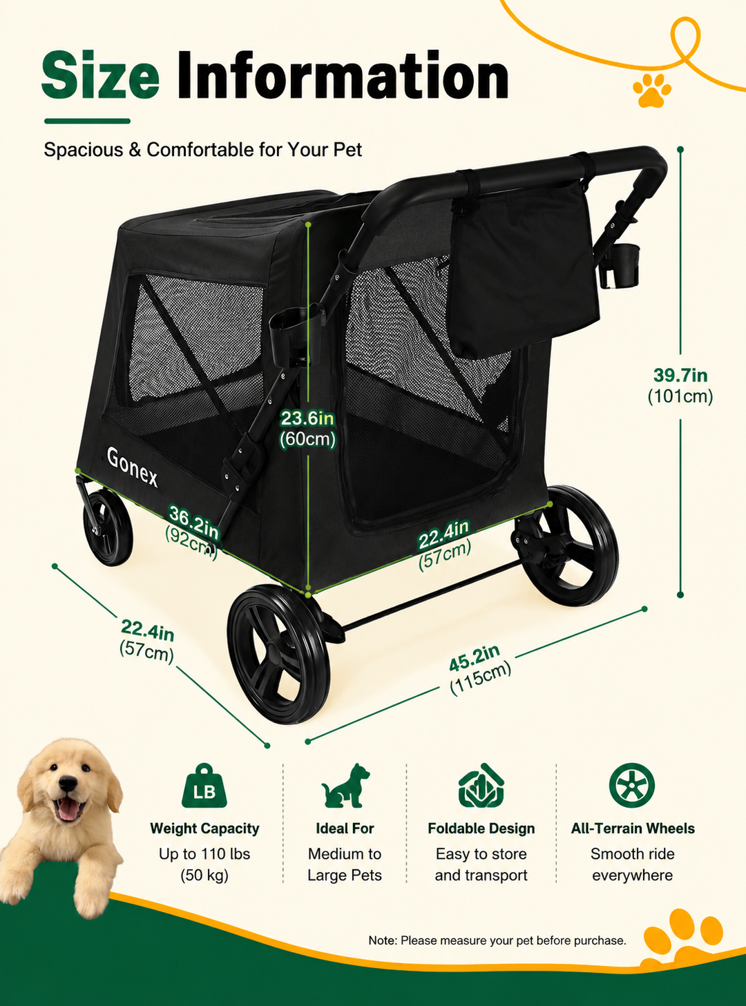Gonex dog stroller size information with 36.2 inch cabin and 110 lbs capacity