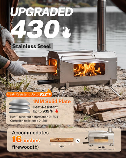 A stainless steel outdoor wood-burning stove shown in a real outdoor setting by the water, with a person&