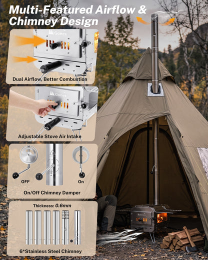 Outdoor camping stove and chimney setup shown beside a beige teepee-style tent, with feature callout panels explaining dual airflow, adjustable stove air intake, chimney damper, thickness, and stainless steel chimney.