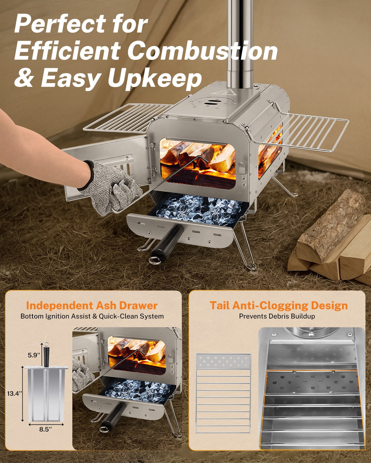A portable metal wood stove with a visible fire inside, shown outdoors on a bed of logs with a hand reaching in to open a door. The image includes marketing text and inset feature callouts for an ash drawer and tail clogging design.