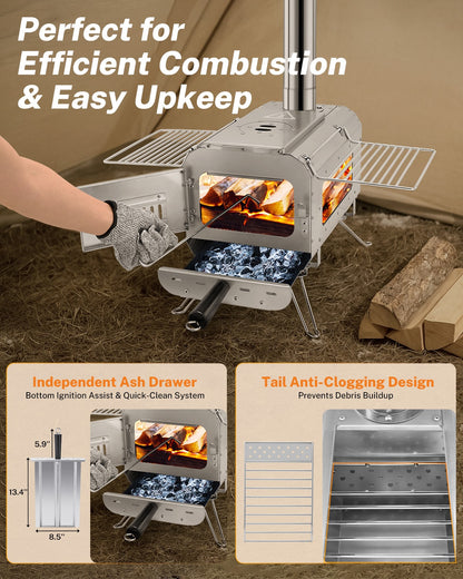 A portable metal wood stove with a visible fire inside, shown outdoors on a bed of logs with a hand reaching in to open a door. The image includes marketing text and inset feature callouts for an ash drawer and tail clogging design.