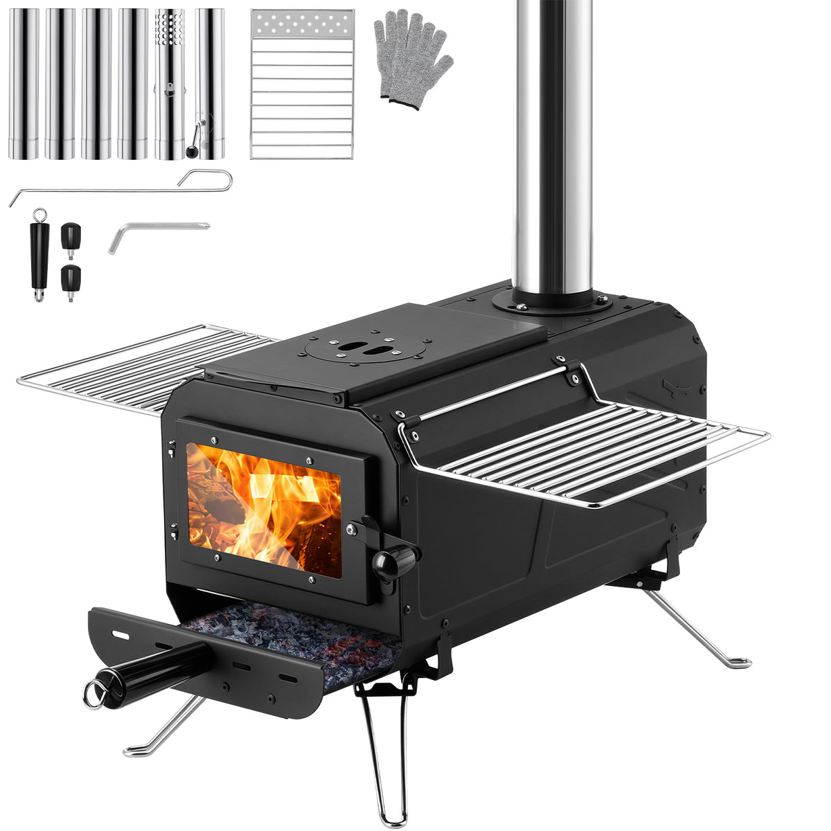 Black metal wood stove with a stainless steel chimney pipe, shown with accessories including two metal grates, a pair of gloves, and a wrench on a white background.