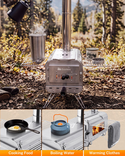 A portable outdoor stove shown in a forest setting with cooking accessories placed on and around it, plus three smaller inset panels demonstrating cooking food, boiling water, and warming clothes. The stove has a visible GORE-TEX logo on the front.