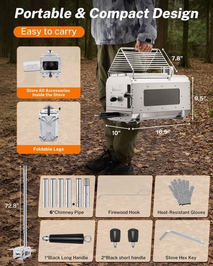 A promotional infographic for a portable compact wood stove. The main subject is a white metal stove shown being carried outdoors by a person in a forest, with dimension labels (7.