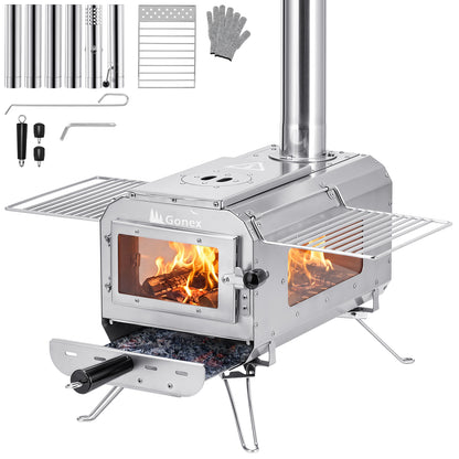 Algonex stainless steel portable wood stove with an open front door, side shelves, and a tall chimney pipe, shown with accessories including metal rods, a glove, and tools on a white background.