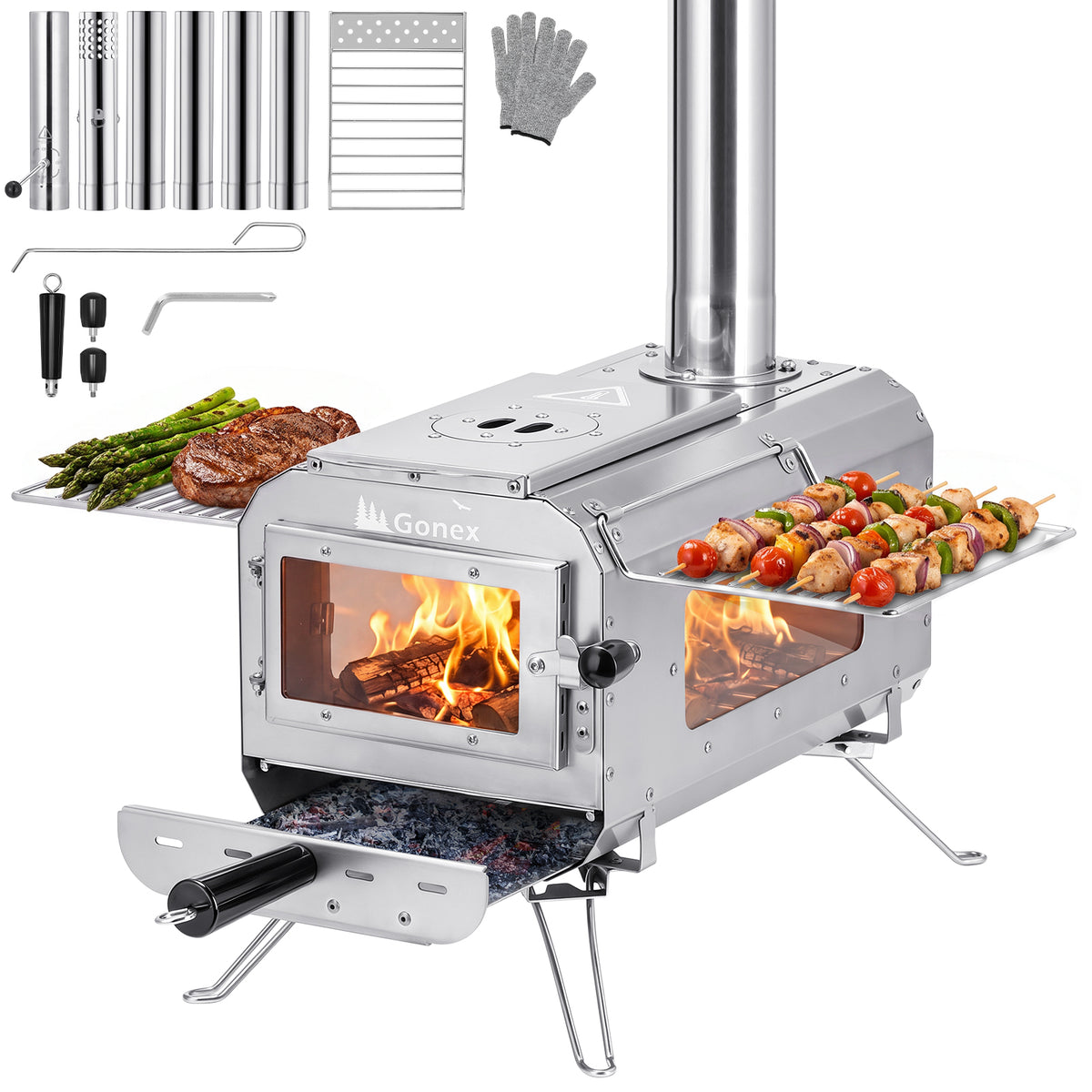 A stainless steel outdoor wood-burning stove with a chimney pipe, shown with its accessories and food props on a white background. The stove has a visible flame, and the side grates hold cooked skewers and grilled meat.