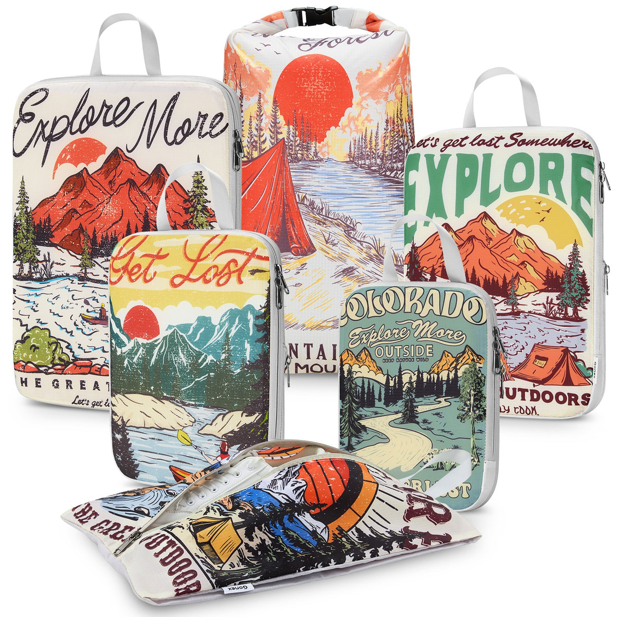 Gonex 6-Piece Retro Mountains Compression Packing Cubes