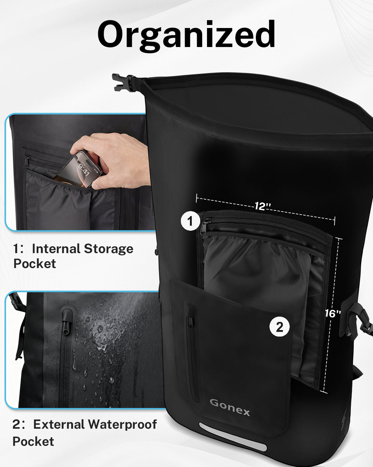 Gonex waterproof backpack with internal storage pocket and external waterproof pocket