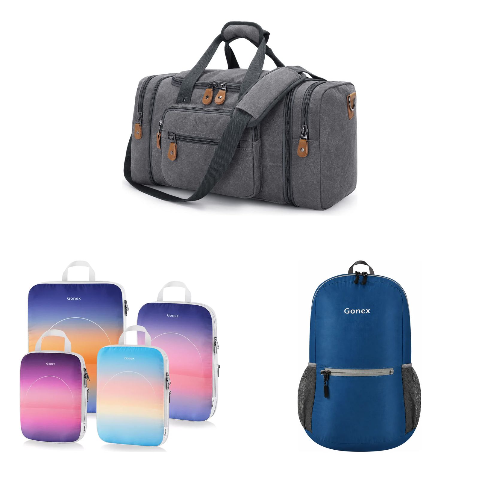 Gonex 3-piece travel set with dark grey canvas duffle, sunset gradient packing cubes, and dark blue packable backpack