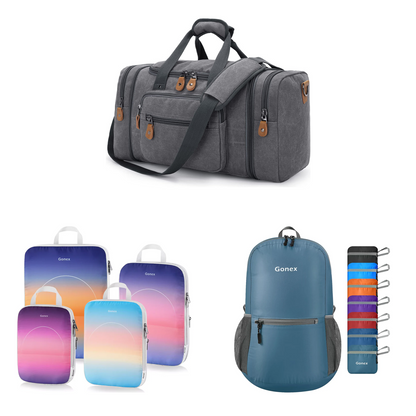 Gonex 3-piece travel set with grey canvas duffle, sunset gradient packing cubes, and grey blue packable backpack