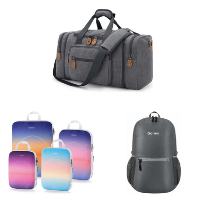 Gonex 3-piece travel set with grey canvas duffle, sunset gradient packing cubes, and grey packable backpack