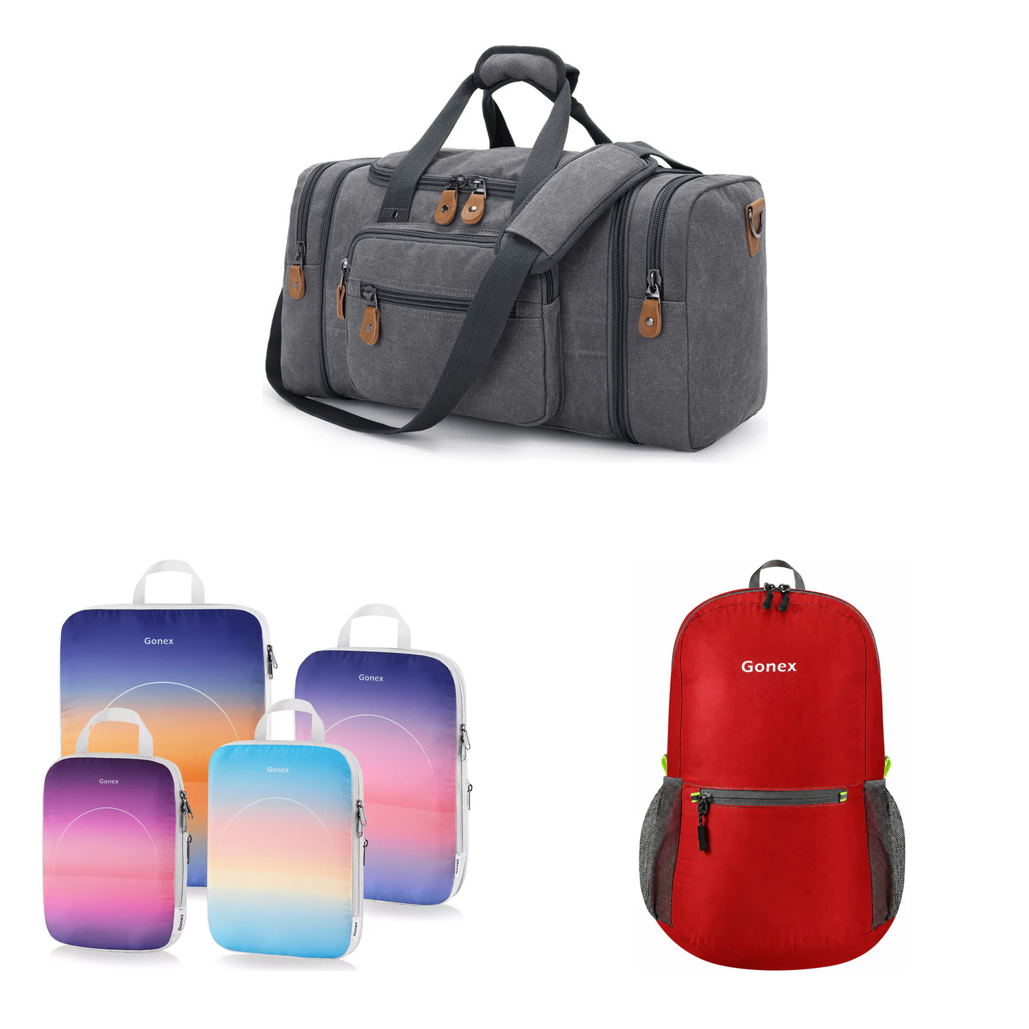 Gonex 3-piece travel set with grey canvas duffle, sunset gradient packing cubes, and red packable backpack
