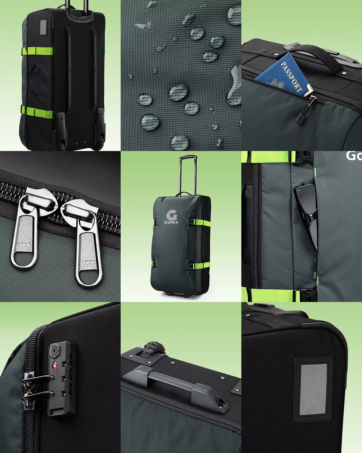 Gonex large wheeled duffle bag green details