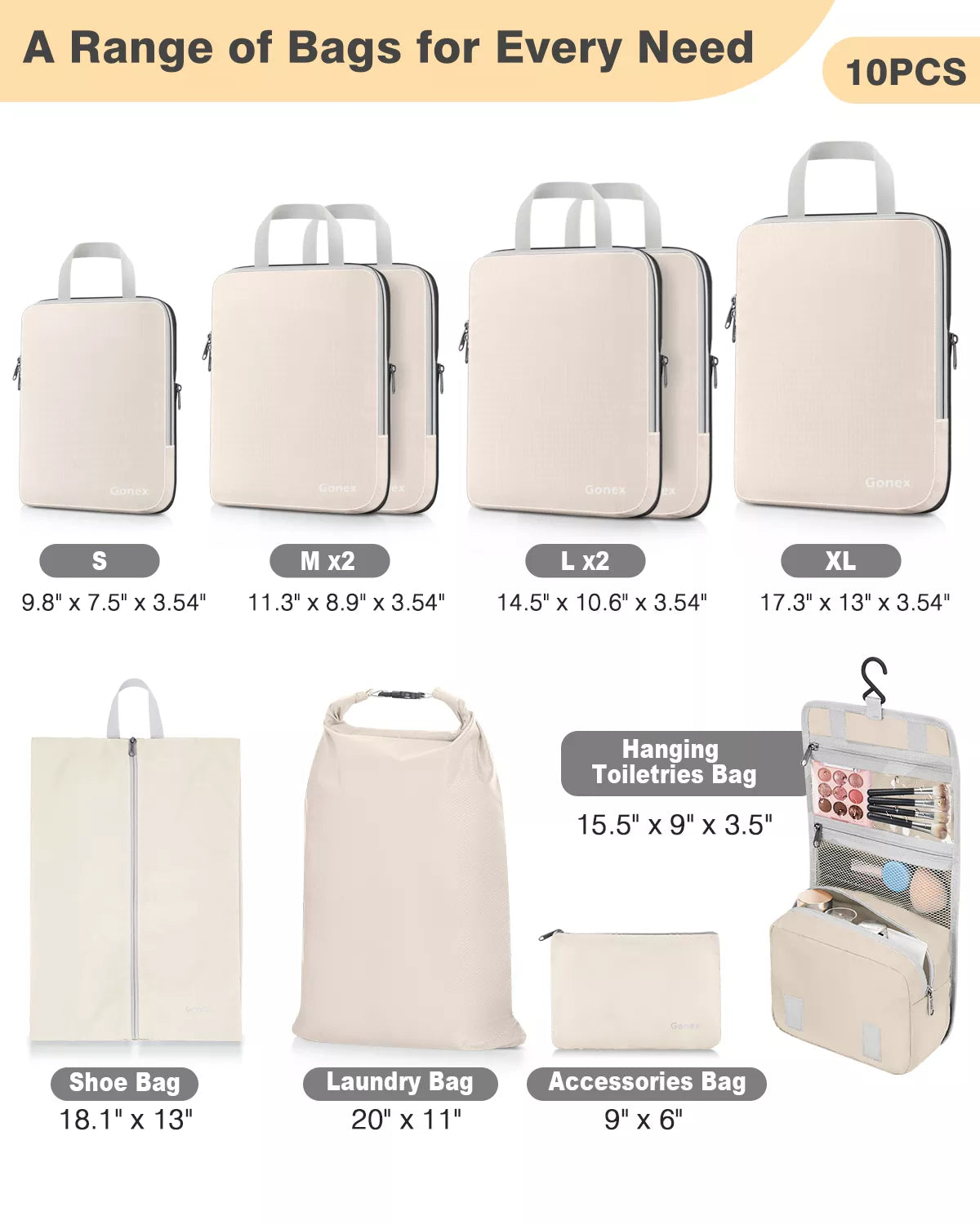 Set of various packing cubes for travel 10 pcs with dimensions displayed