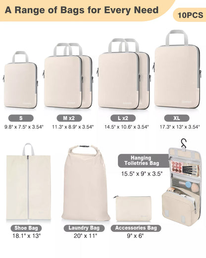 Set of various packing cubes for travel 10 pcs with dimensions displayed