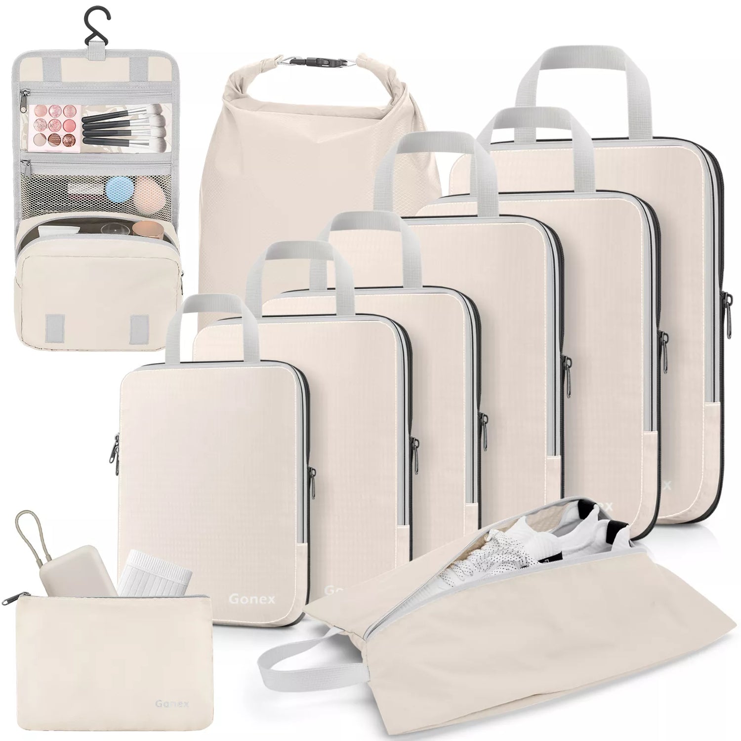 Set of beige travel packing cubes with various compartments