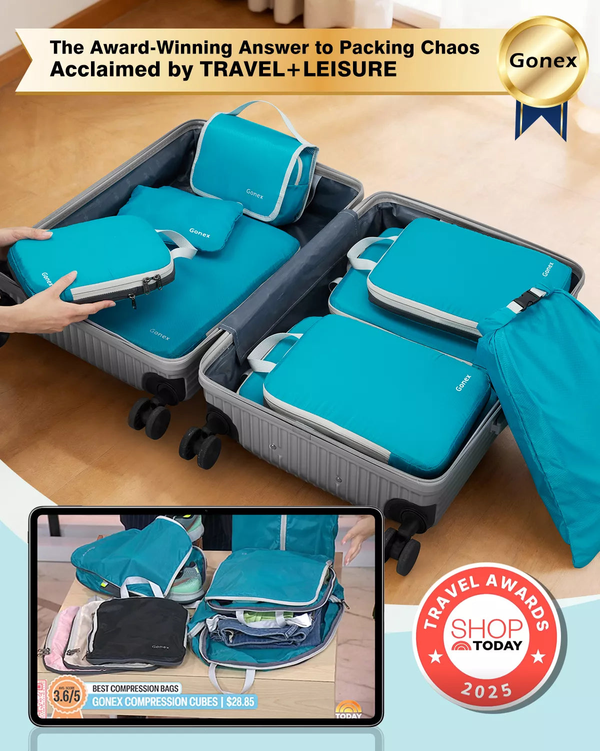 Set of blue compression bags being used to pack a suitcase, with travel and leisure awards displayed.
