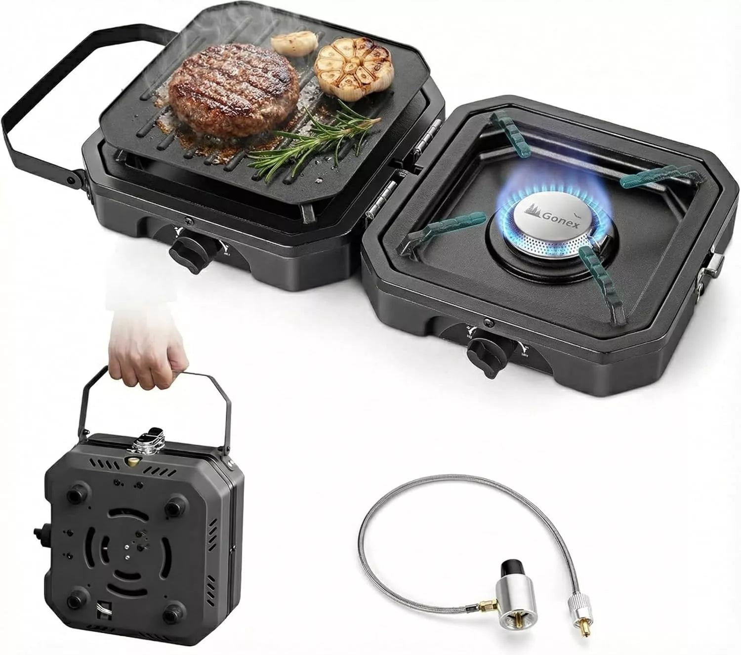 Gonex portable gas stove with grill top, food being cooked, and accessories
