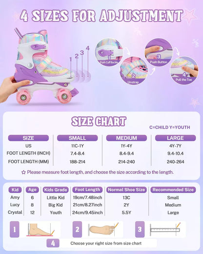Gonex rainbow roller skates with a size chart for children&
