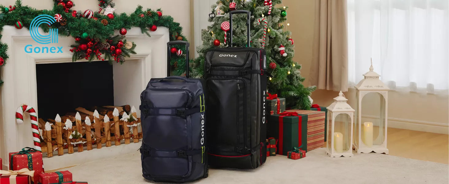 Large capacity black and blue rolling duffle bag on a Christmas-themed living room floor.