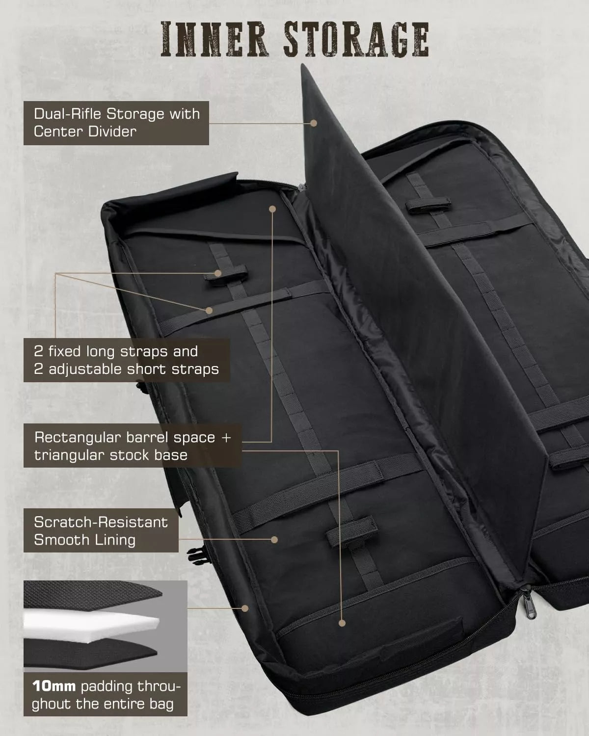 Inner storage of black 36 inch gonex tactical rifle case